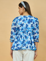 Azira Blue Floral Printed Georgette Peplum Top | V-Neck | 3/4th Sleeve Casual Wear for Women