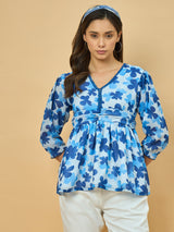 Azira Blue Floral Printed Georgette Peplum Top | V-Neck | 3/4th Sleeve Casual Wear for Women