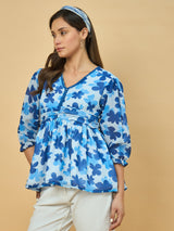 Azira Blue Floral Printed Georgette Peplum Top | V-Neck | 3/4th Sleeve Casual Wear for Women