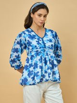 Azira Blue Floral Printed Georgette Peplum Top | V-Neck | 3/4th Sleeve Casual Wear for Women