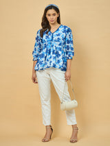 Azira Blue Floral Printed Georgette Peplum Top | V-Neck | 3/4th Sleeve Casual Wear for Women