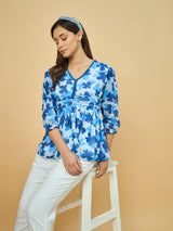Azira Blue Floral Printed Georgette Peplum Top | V-Neck | 3/4th Sleeve Casual Wear for Women