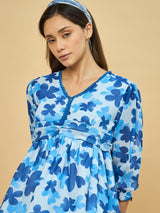 Azira Blue Floral Printed Georgette Peplum Top | V-Neck | 3/4th Sleeve Casual Wear for Women