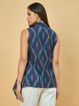 Azira Printed Blue  Top | Shirt Collar | Sleeveless