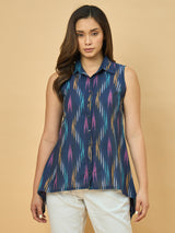 Azira Printed Blue  Top | Shirt Collar | Sleeveless