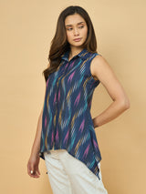 Azira Printed Blue  Top | Shirt Collar | Sleeveless