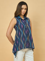Azira Printed Blue  Top | Shirt Collar | Sleeveless