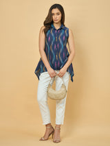 Azira Printed Blue  Top | Shirt Collar | Sleeveless