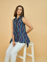 Azira Printed Blue  Top | Shirt Collar | Sleeveless