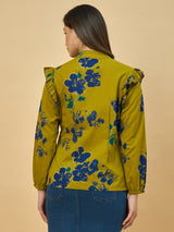 Azira Mustard Printed Full Sleeve Shirt | Mandarin Collar | Ruffle Detail on Shoulder