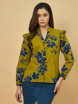 Azira Mustard Printed Full Sleeve Shirt | Mandarin Collar | Ruffle Detail on Shoulder