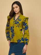 Azira Mustard Printed Full Sleeve Shirt | Mandarin Collar | Ruffle Detail on Shoulder