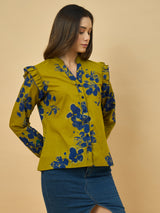 Azira Mustard Printed Full Sleeve Shirt | Mandarin Collar | Ruffle Detail on Shoulder