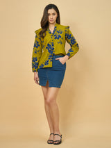Azira Mustard Printed Full Sleeve Shirt | Mandarin Collar | Ruffle Detail on Shoulder