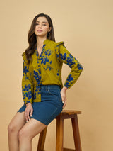 Azira Mustard Printed Full Sleeve Shirt | Mandarin Collar | Ruffle Detail on Shoulder