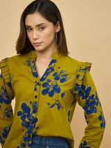Azira Mustard Printed Full Sleeve Shirt | Mandarin Collar | Ruffle Detail on Shoulder