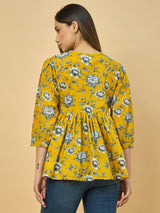 Azira Mustard Yellow Floral Printed Flared Tunic Top for Women