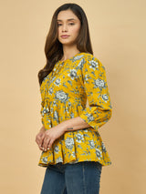 Azira Mustard Yellow Floral Printed Flared Tunic Top for Women