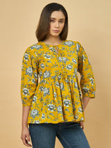Azira Mustard Yellow Floral Printed Flared Tunic Top for Women