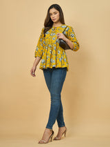 Azira Mustard Yellow Floral Printed Flared Tunic Top for Women