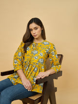 Azira Mustard Yellow Floral Printed Flared Tunic Top for Women
