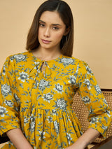 Azira Mustard Yellow Floral Printed Flared Tunic Top for Women