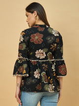 Azira Cotton Women Black Printed Ethnic Peplum Style Shrug For Women