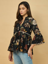 Azira Cotton Women Black Printed Ethnic Peplum Style Shrug For Women