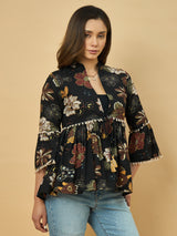 Azira Cotton Women Black Printed Ethnic Peplum Style Shrug For Women