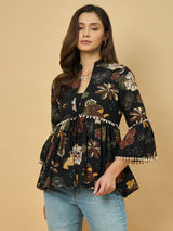Azira Cotton Women Black Printed Ethnic Peplum Style Shrug For Women