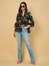 Azira Cotton Women Black Printed Ethnic Peplum Style Shrug For Women