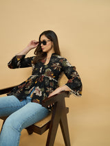 Azira Cotton Women Black Printed Ethnic Peplum Style Shrug For Women