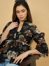 Azira Cotton Women Black Printed Ethnic Peplum Style Shrug For Women