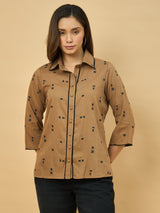 Azira Printed Brown Shirt with Lace Embellishment | Shirt Collar