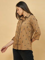 Azira Printed Brown Shirt with Lace Embellishment | Shirt Collar