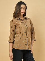 Azira Printed Brown Shirt with Lace Embellishment | Shirt Collar