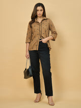 Azira Printed Brown Shirt with Lace Embellishment | Shirt Collar