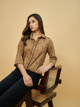 Azira Printed Brown Shirt with Lace Embellishment | Shirt Collar