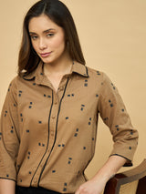 Azira Printed Brown Shirt with Lace Embellishment | Shirt Collar