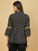 Azira Cotton Women Black & Beige Printed Ethnic Peplum Style Shrug For Women