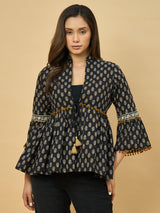 Azira Cotton Women Black & Beige Printed Ethnic Peplum Style Shrug For Women