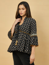 Azira Cotton Women Black & Beige Printed Ethnic Peplum Style Shrug For Women