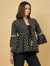 Azira Cotton Women Black & Beige Printed Ethnic Peplum Style Shrug For Women