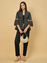 Azira Cotton Women Black & Beige Printed Ethnic Peplum Style Shrug For Women