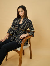 Azira Cotton Women Black & Beige Printed Ethnic Peplum Style Shrug For Women