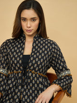 Azira Cotton Women Black & Beige Printed Ethnic Peplum Style Shrug For Women