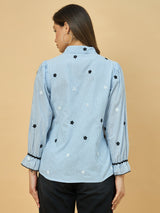Azira Striped Print Shirt with Floral Embroidery | Shirt Collar | Casual Wear for Women