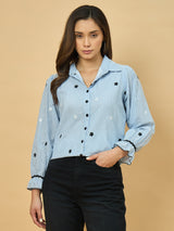 Azira Striped Print Shirt with Floral Embroidery | Shirt Collar | Casual Wear for Women