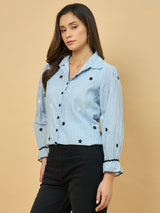Azira Striped Print Shirt with Floral Embroidery | Shirt Collar | Casual Wear for Women