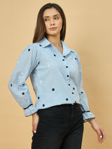 Azira Striped Print Shirt with Floral Embroidery | Shirt Collar | Casual Wear for Women